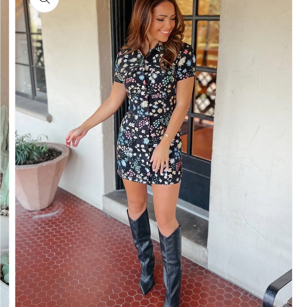 Black Floral Snap Button Down Mini Dress Small NWT